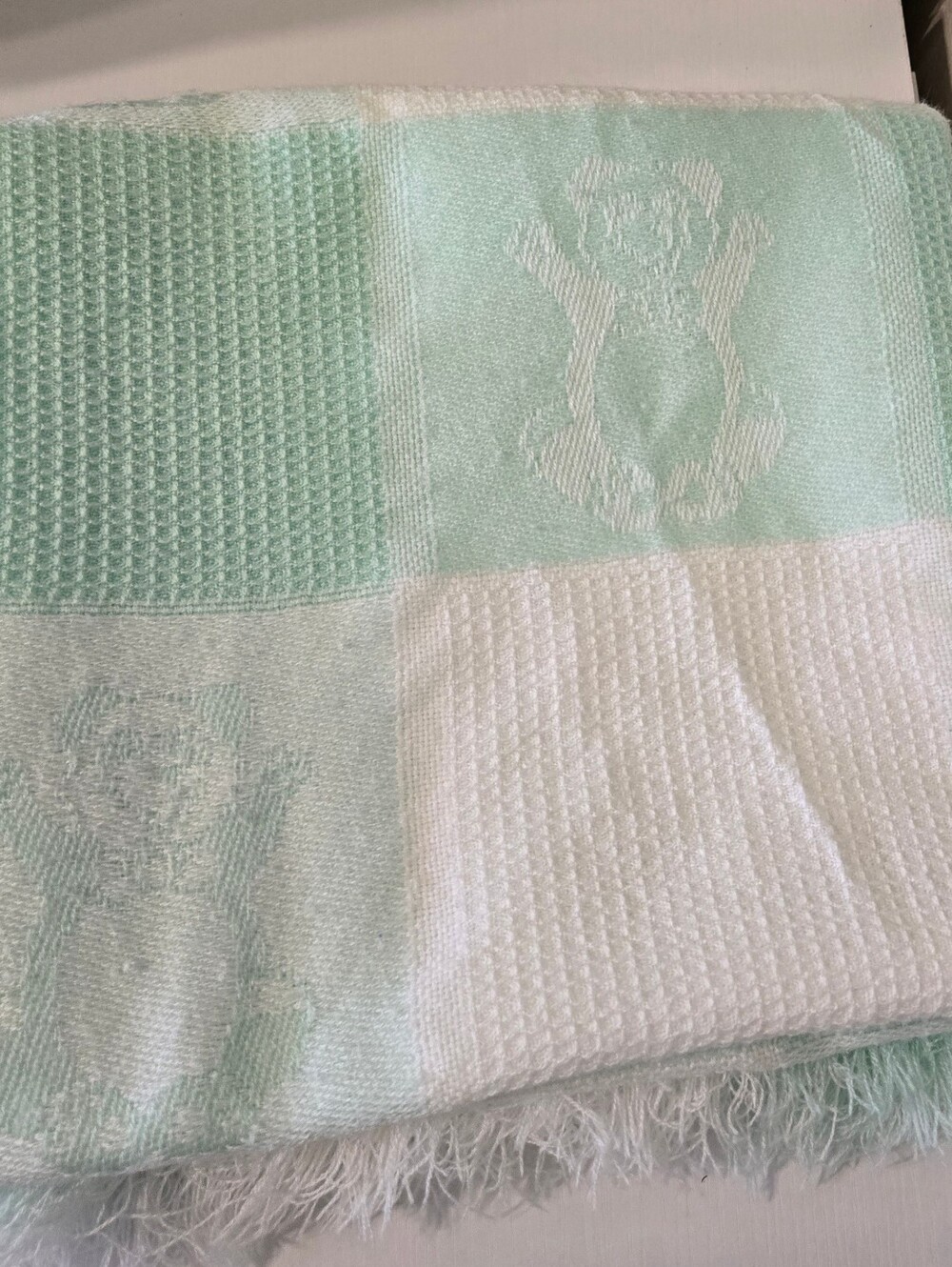 Teddy Bear Patchwork & Vintage Hand Made Crochet Baby Blanket. Gently Used